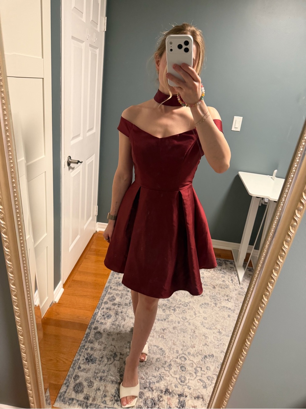 Off Shoulder Fit & Flare Dress with Choker in Burgundy